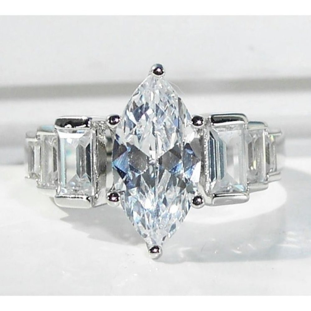 925 STERLING SILVER Marquise & Baguette Cubic Zirconia Ring - Picture 2 of 16